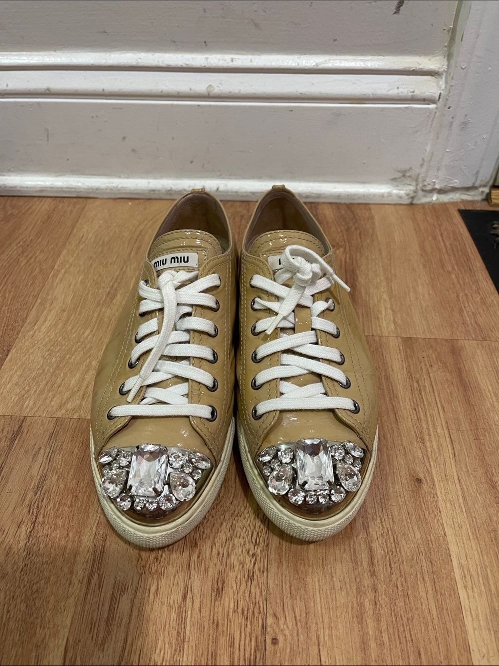 Miu Miu Tan Patent Leather Crystal-Embellished Sneakers